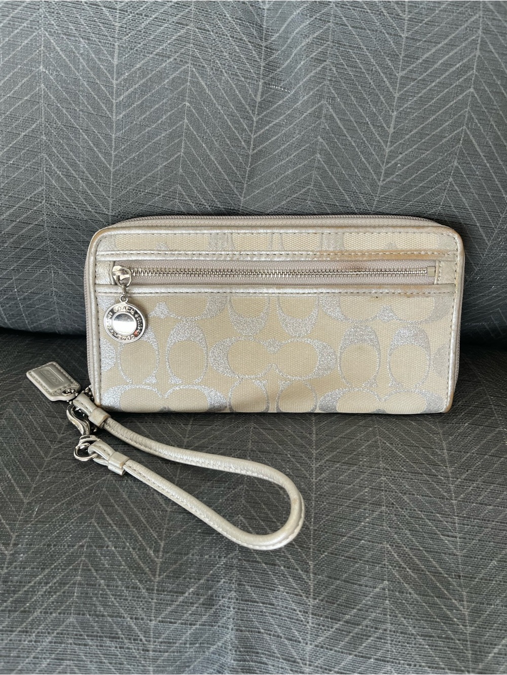Coach Metallic Champagne Signature Zip Wallet with Hang Tag